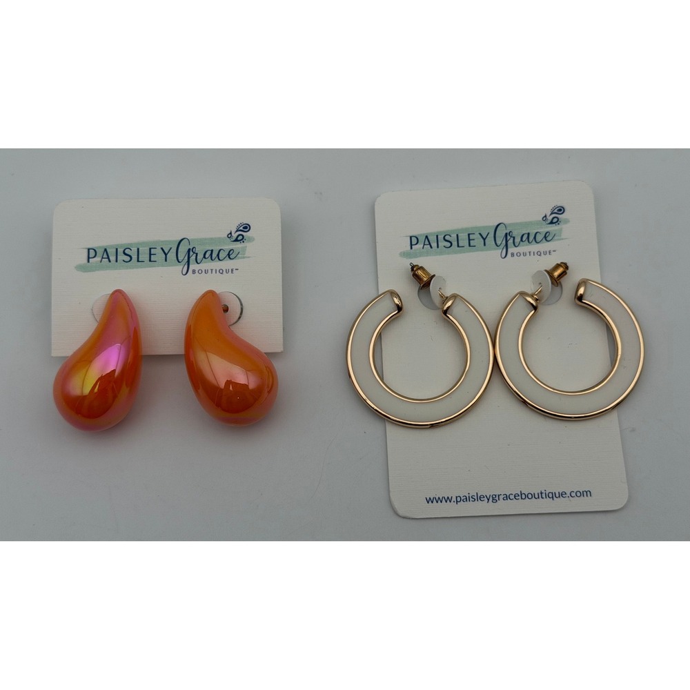 Paisley Grace Boutique Earring Set Iridescent Orange Teardrops White Gold Hoops